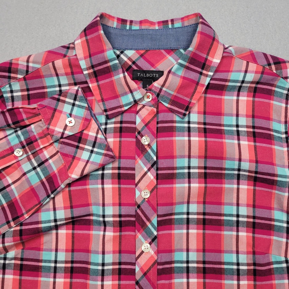 Talbots Womens Pink Plaid Button Down Shirt Long Sleeve Cotton Small Dragonfly